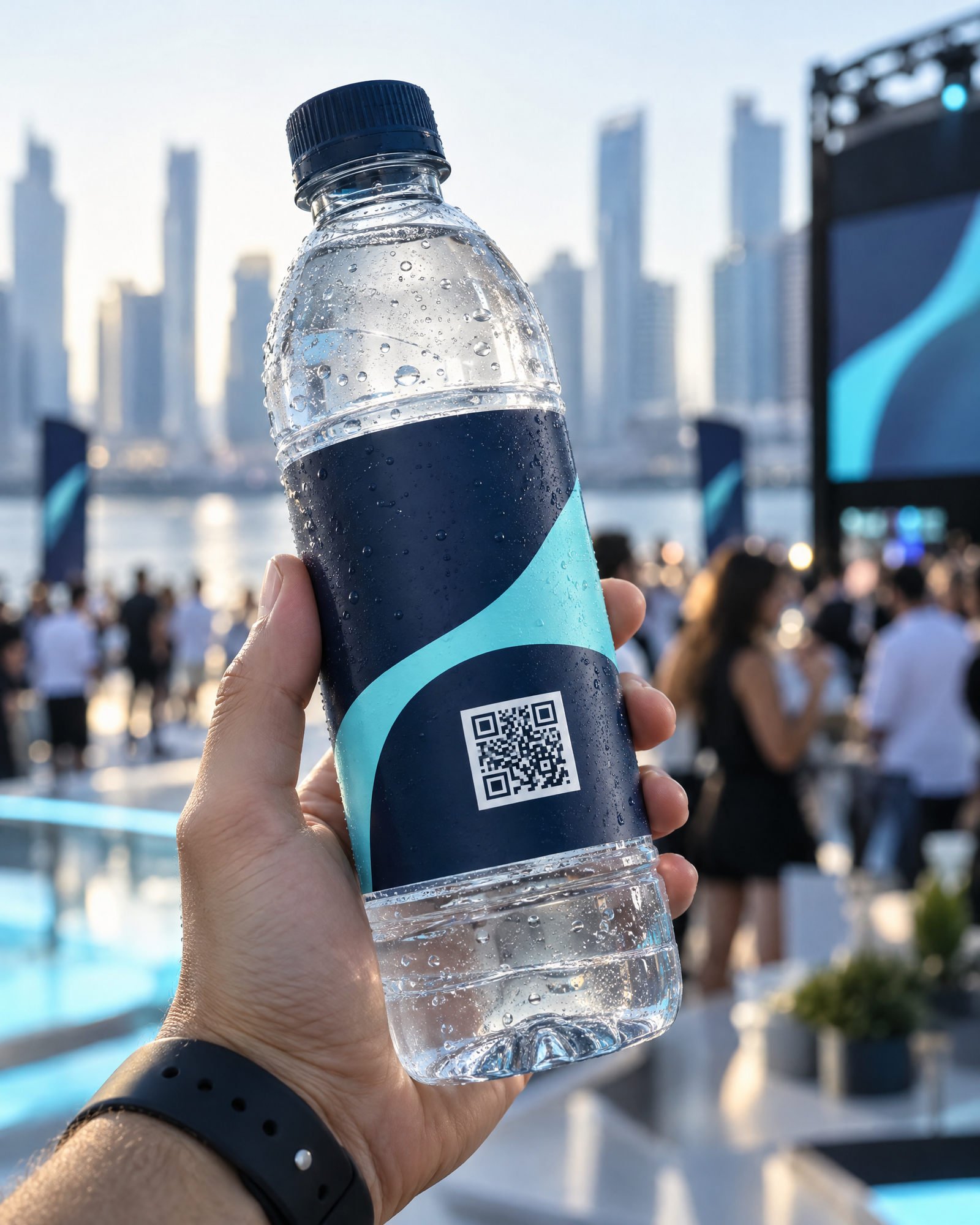 Close-up of a water bottle with QR code label